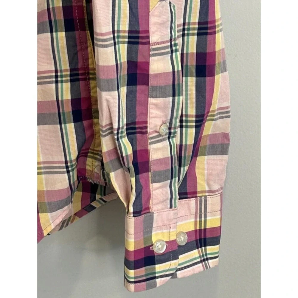 Banana Republic Luxe Stretch Poplin Grant Slim Shirt Pink Multi Plaid Button M